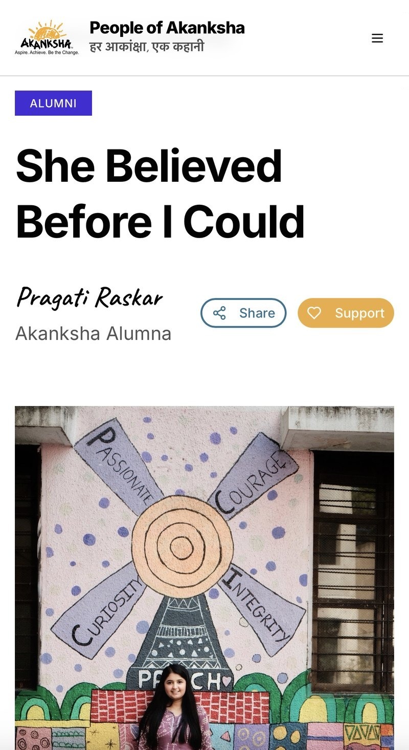 A People of Akanksha story on a phone: the alumna story “She Believed Before I Could”, with its title, byline and a portrait of the author against a painted school wall
