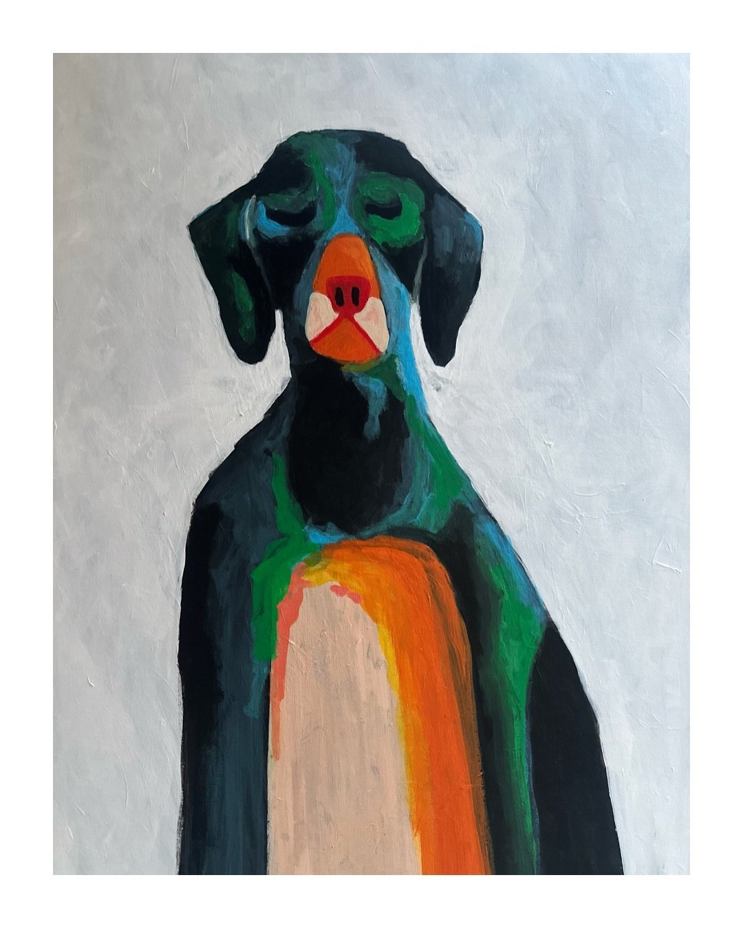 Acrylic painting of a calm dark dog with an orange muzzle and an orange and pink chest, on a pale gray background