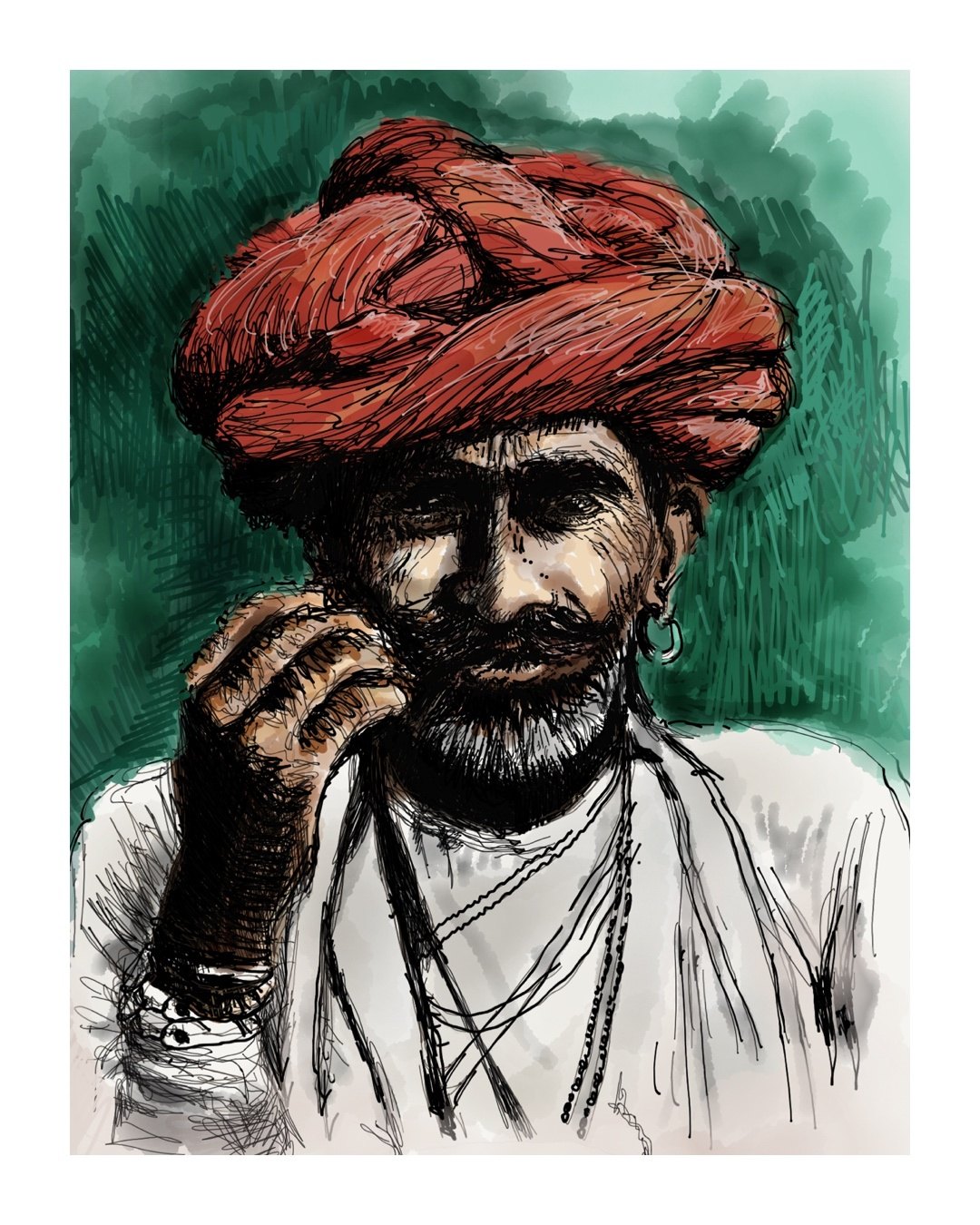 Ink and digital portrait of an older man in a large red turban, resting his chin on his hand, against a green background