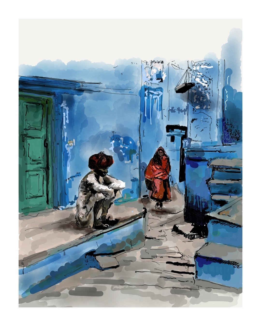 Sketch of a man in a red turban crouching on a step beside a green door in a blue lane, with a woman in red walking away
