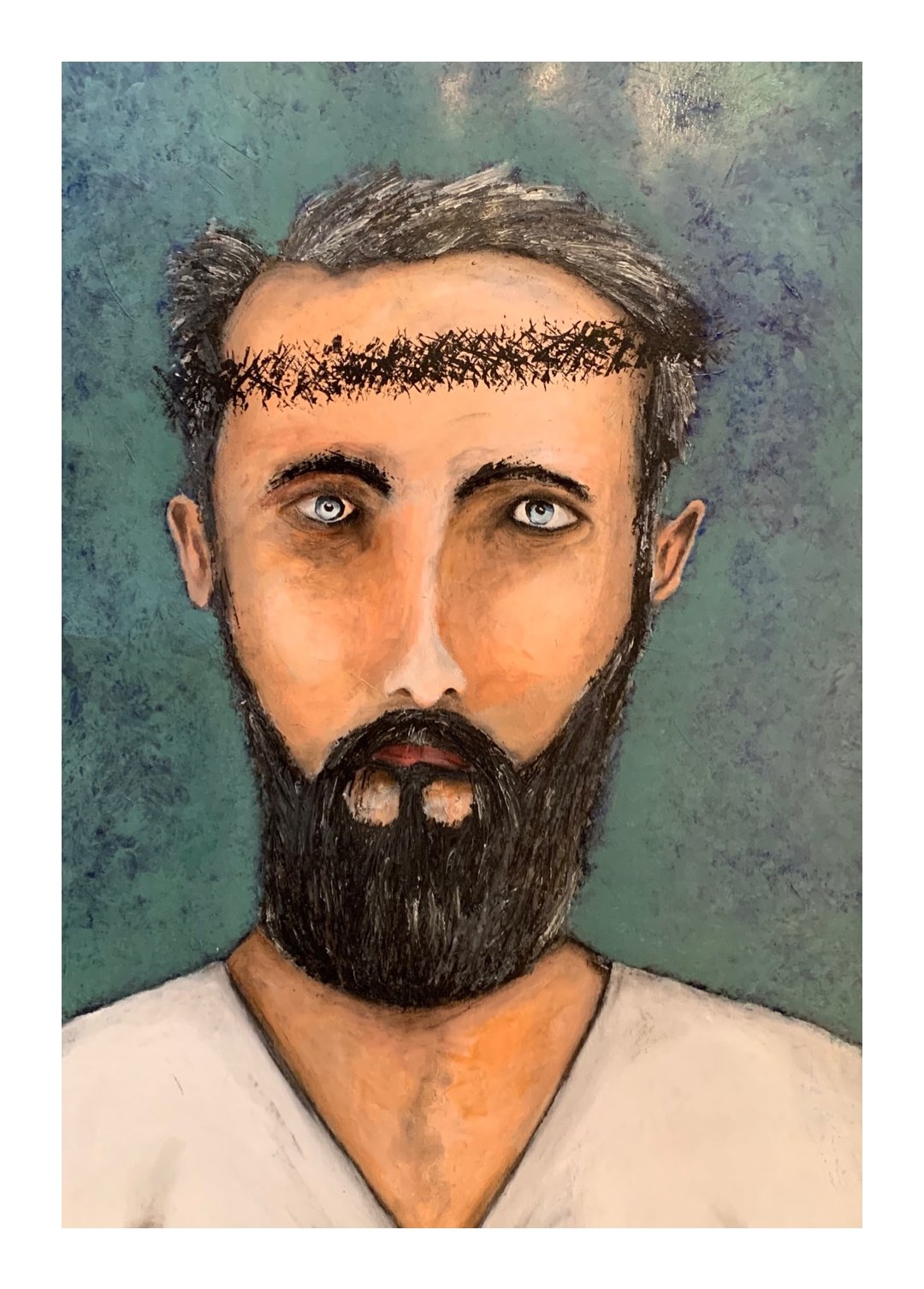 Painted portrait of a bearded man with pale blue eyes and a dark band across his forehead, against a mottled teal background