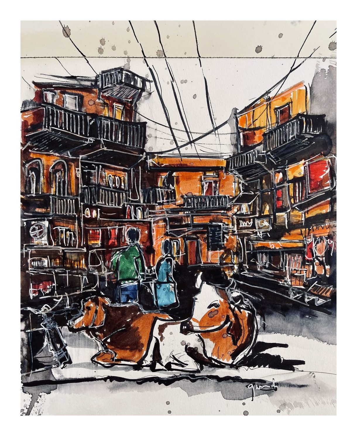 Ink and watercolor sketch of a crowded street of orange and red buildings and balconies under tangled wires, with a cow resting in the foreground and two people in green and blue walking away