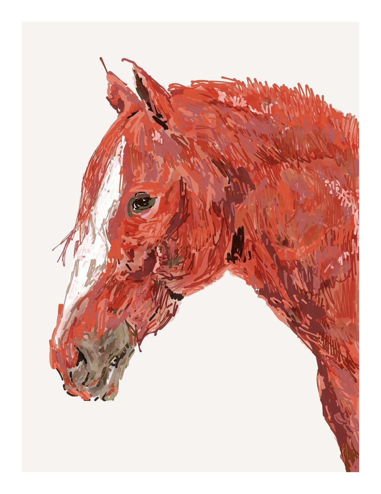 Digital painting of a red horse’s head in profile, built from layered red and pink strokes on a pale ground