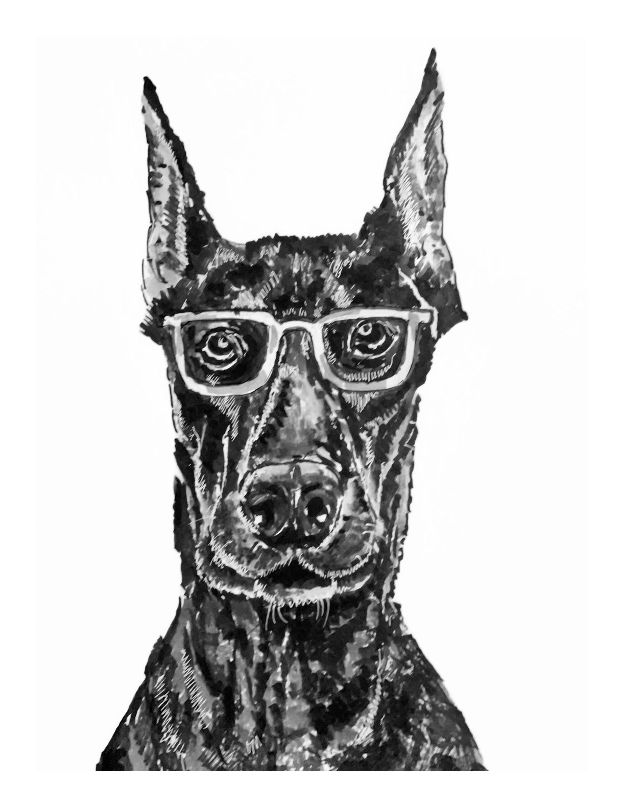 Black-and-white ink portrait of a Doberman wearing white-framed glasses
