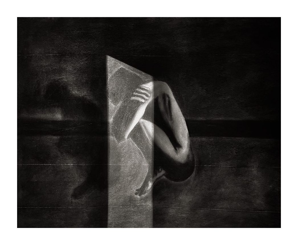 Charcoal drawing of a figure curled up on the floor, half in a shaft of light from a doorway