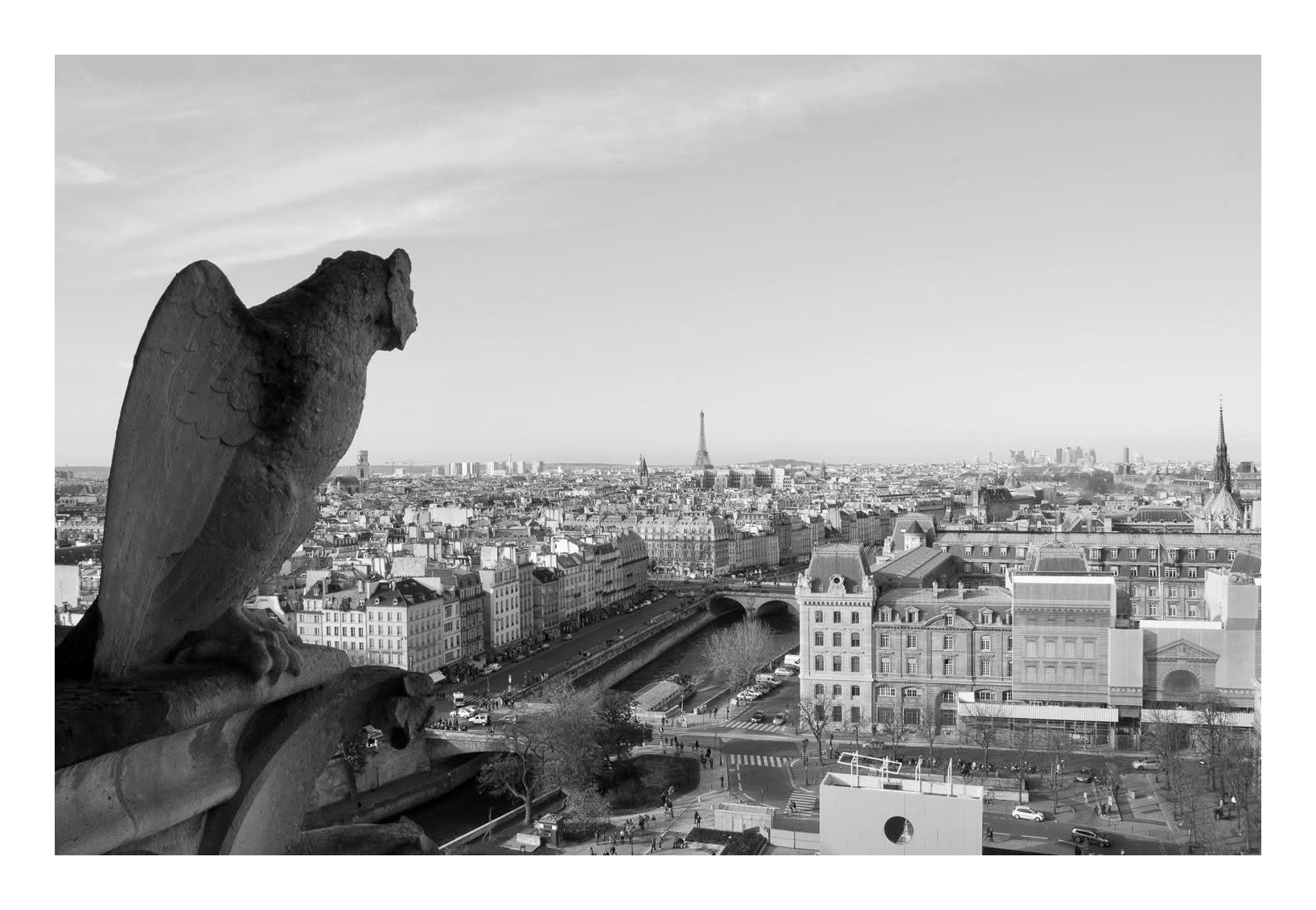 Black-and-white photo of a stone gargoyle on Notre-Dame looking out over the rooftops of Paris, with the Eiffel Tower in the distance