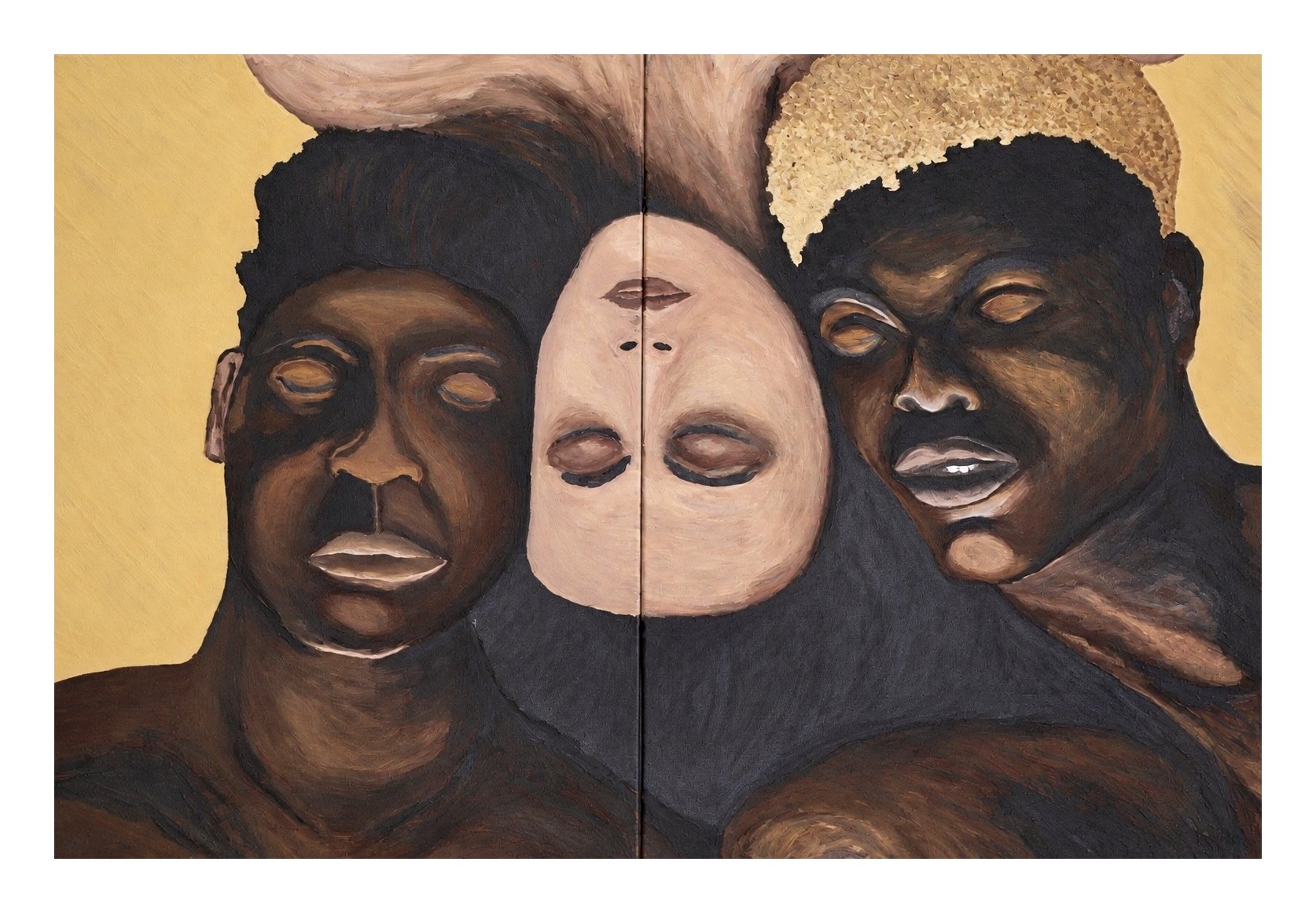 Close-up of a two-canvas painting of three faces with closed eyes against an ochre ground: a man at left, a woman’s face upside down across the seam in the center, and a man at right with gold leaf in his hair