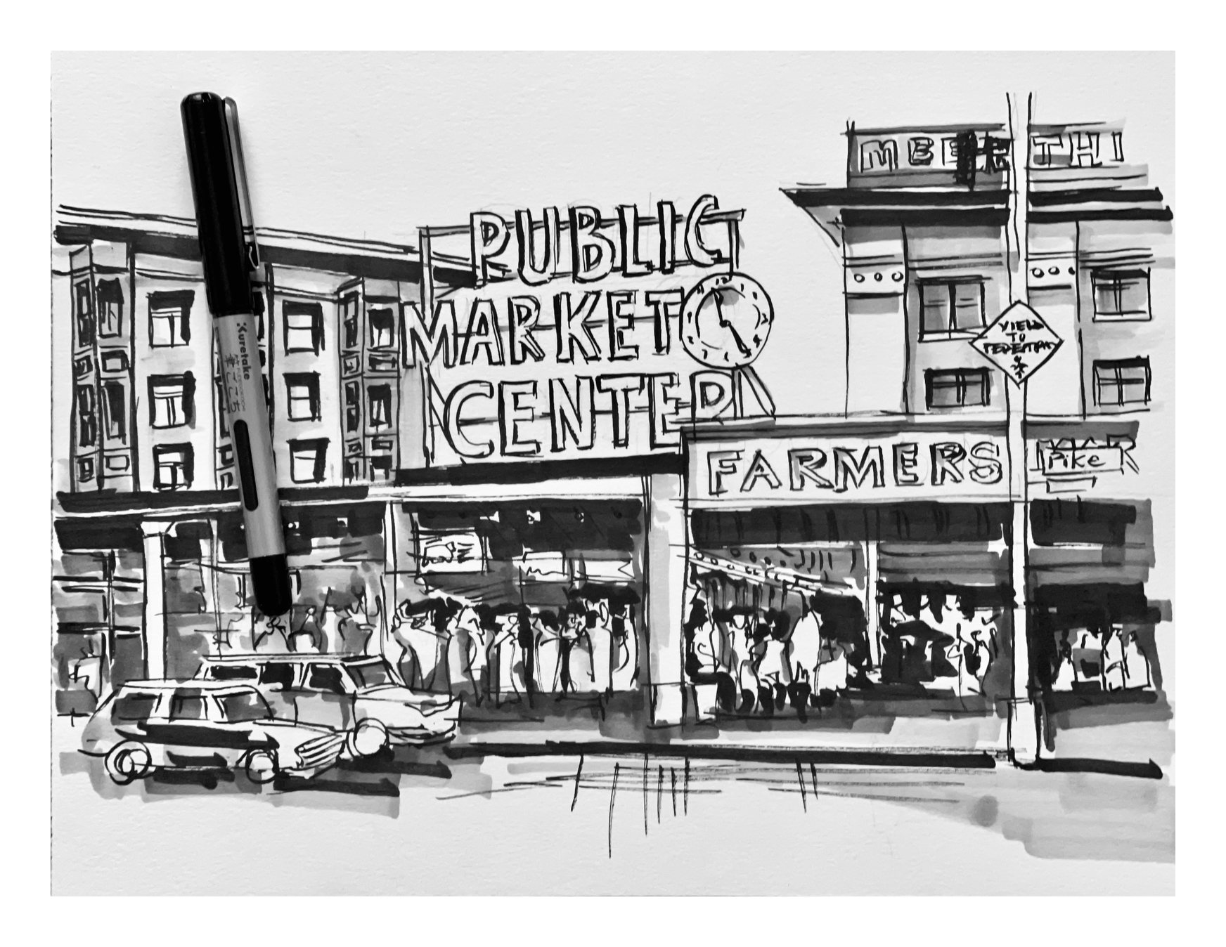 Ink sketch of the Public Market Center sign and the Farmers market awnings in Seattle, with a pen lying across the paper