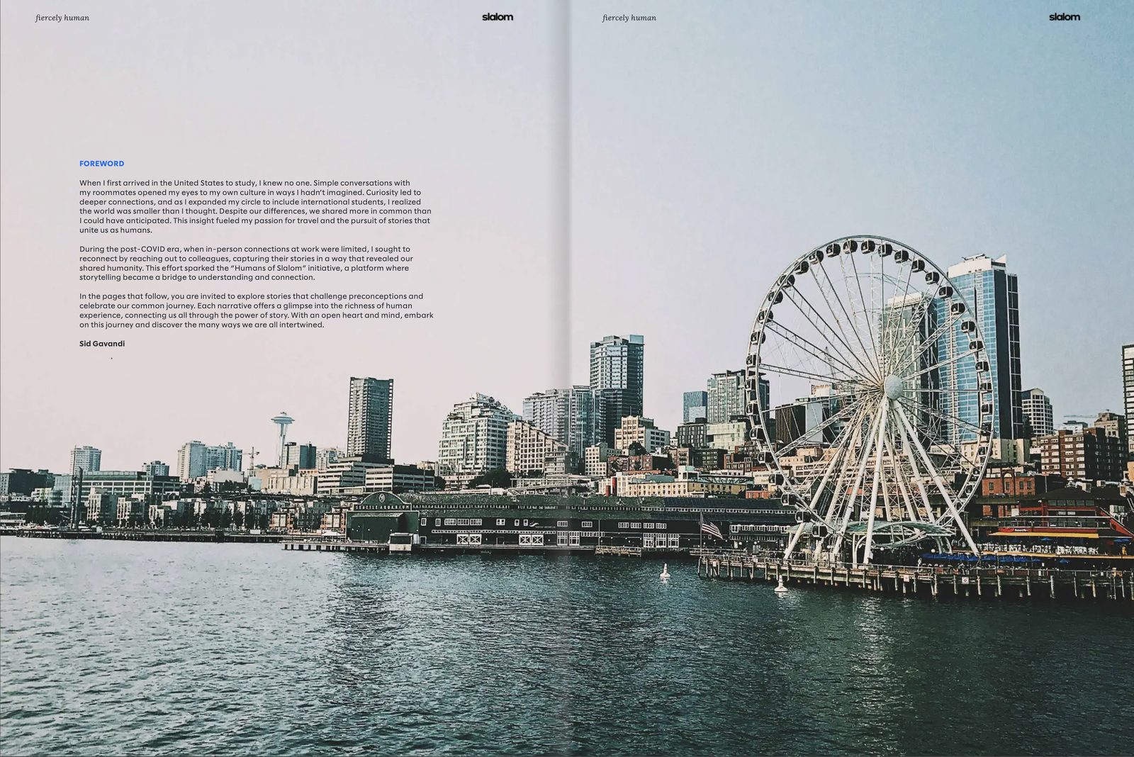 A spread from the Humans of Slalom book: my foreword on the left page and a photograph of the Seattle waterfront across both pages