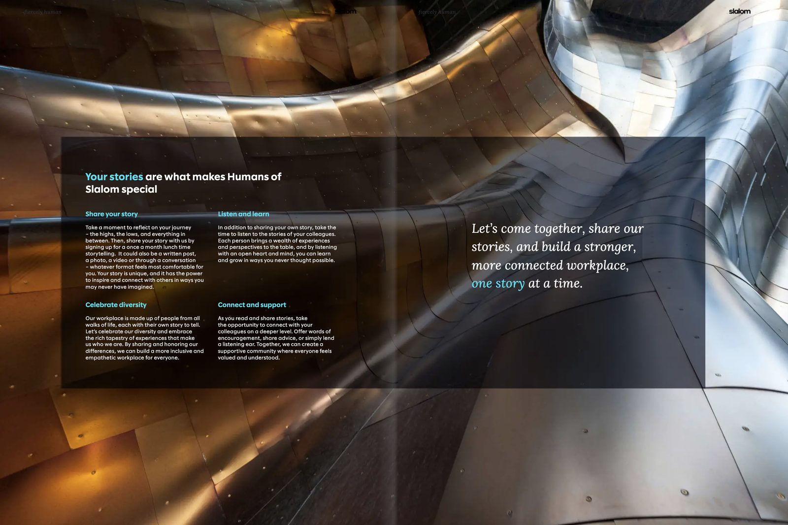 A spread from the Humans of Slalom book titled Your stories are what makes Humans of Slalom special, with four ways to take part: share your story, listen and learn, celebrate diversity, connect and support