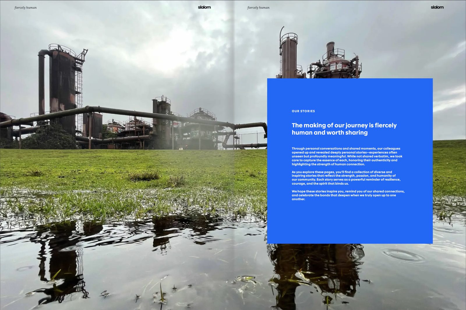 A spread from the Humans of Slalom book titled Our stories, about how colleagues’ stories were captured, with a Seattle gas works park behind a blue panel