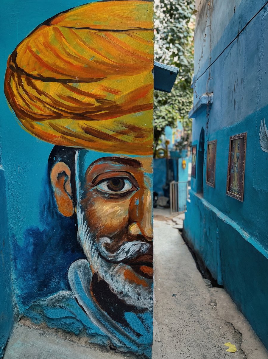 A mural of a man in a yellow turban, half his face painted on a blue wall in a Jodhpur lane