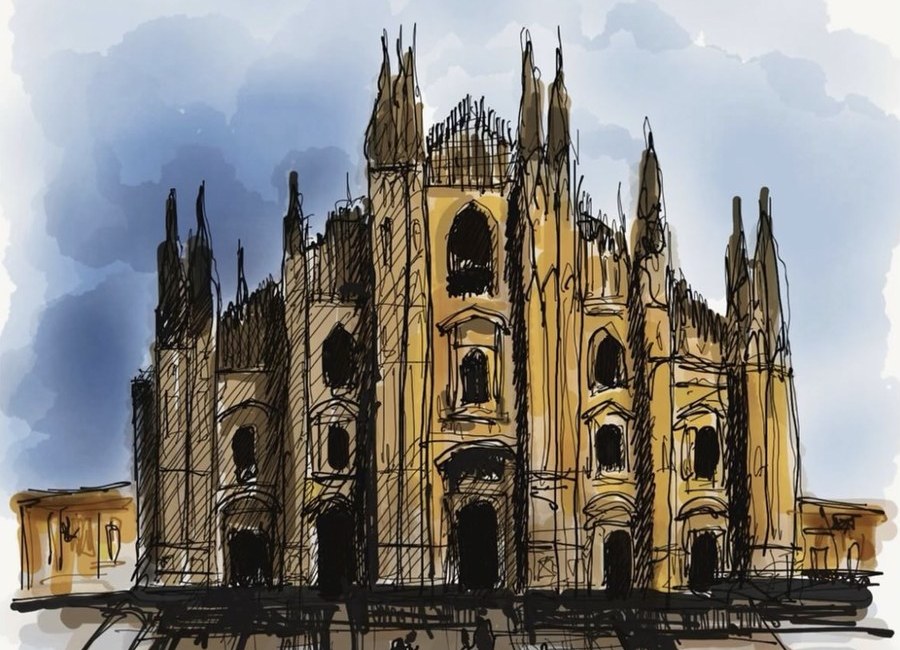 A loose ink and watercolor sketch of Milan Cathedral under a blue sky
