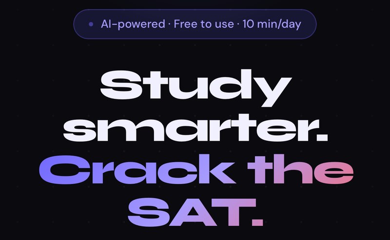The SATcrack home screen: AI-powered, free to use, 10 minutes a day, with the headline Study smarter. Crack the SAT.