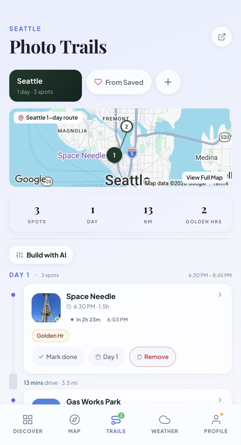 Travelographer Photo Trails: a one-day Seattle trail with its route on a map